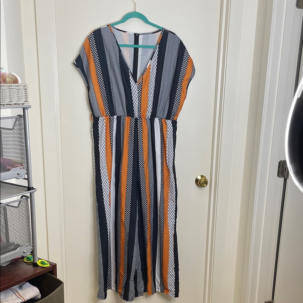 Elegant Striped V-Neck Jumpsuit - Orange, Black, White